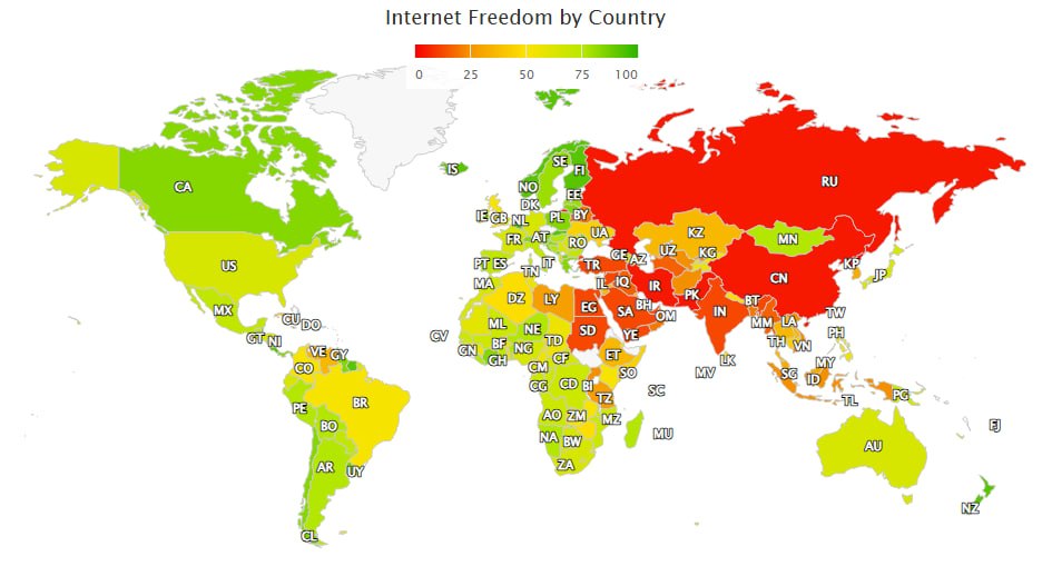 Россия заняла предпоследнее место в рейтинге стран мира по уровню свободы интернета