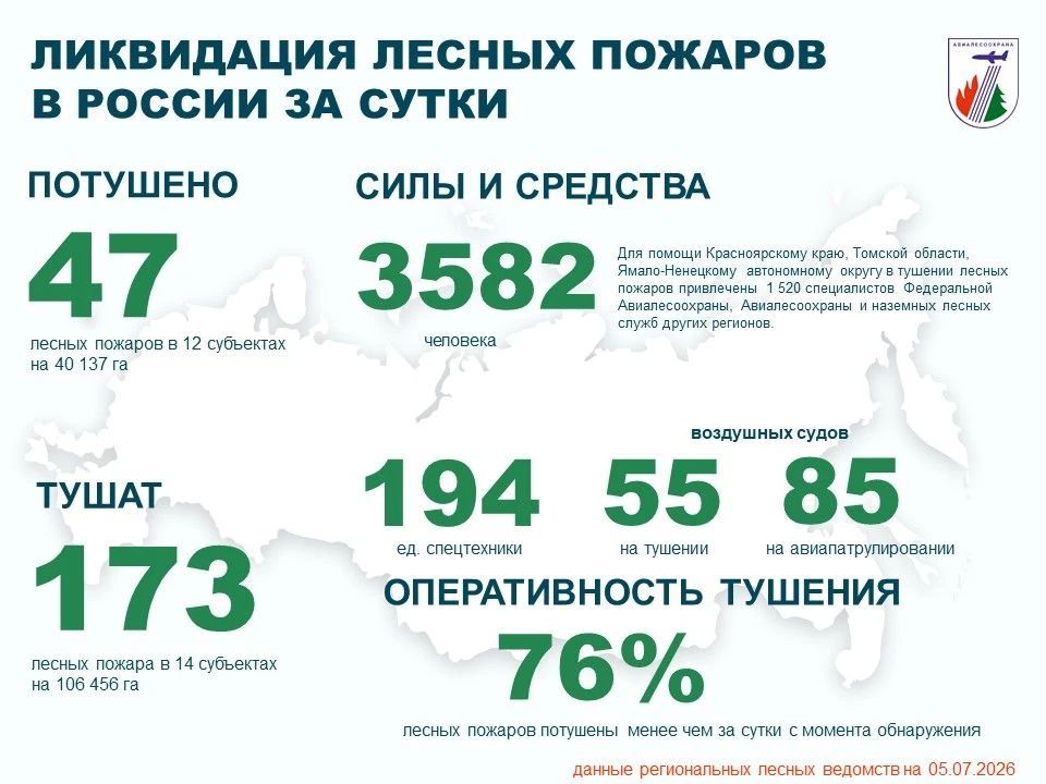 За прошедшие сутки в России потушены 47 лесных пожаров в 12 регионах