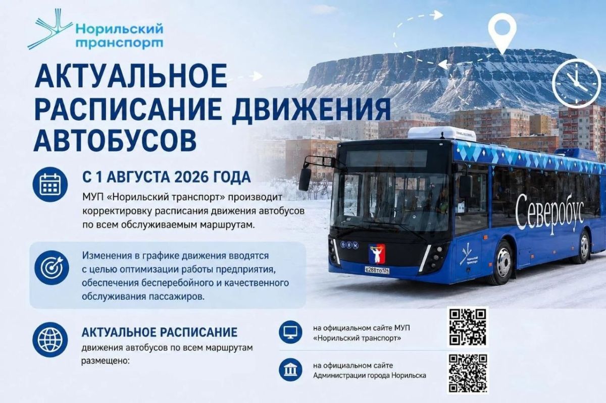 Уважаемые норильчане!. Напоминаем, что актуальное расписание движения автобусов по всем маршрутам всегда можно найти на официальных ресурсах: Сайт МУП «Норильский транспорт»;