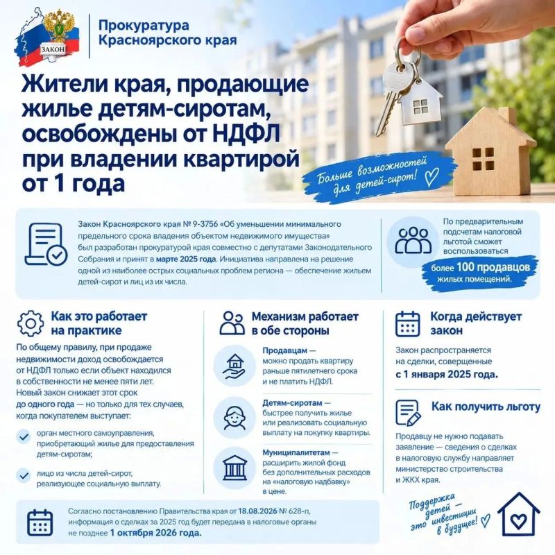 Отделом по надзору за исполнением законов о несовершеннолетних и молодежи прокуратуры Красноярского края подготовлена памятка на тему: «Жители края, продающие жилье детям-сиротам, освобождены от НДФЛ при владении...